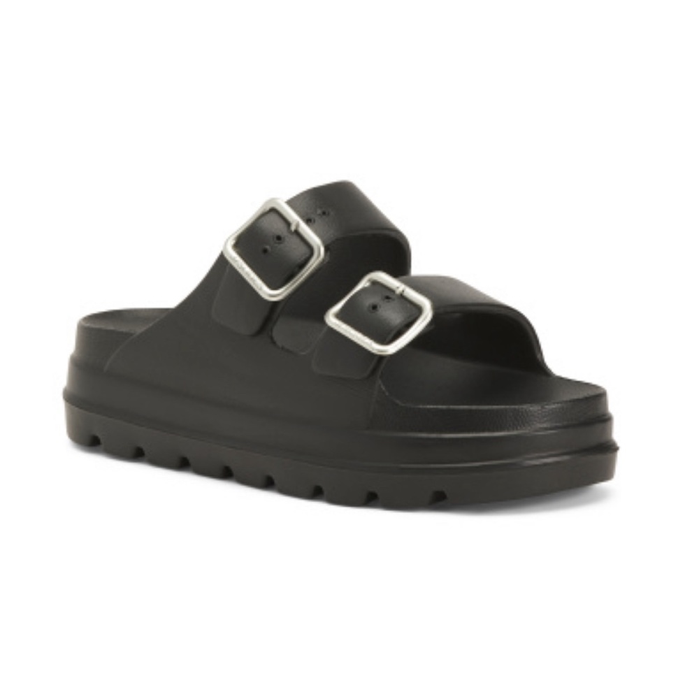 J Slides Black Sandals with Silver Buckles